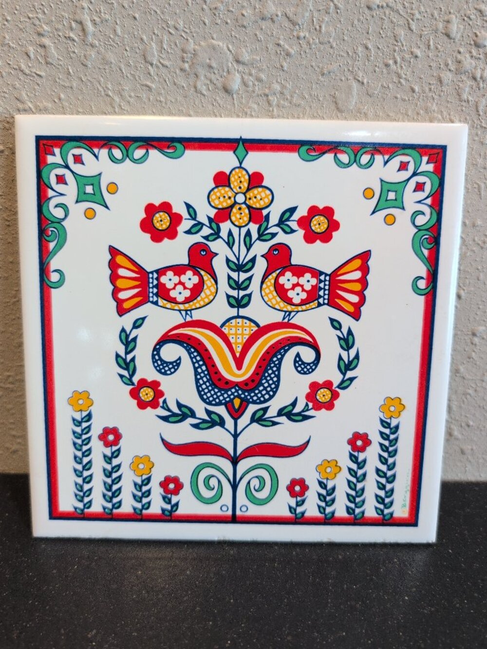 Vintage Berggren Scandinavian Floral Folk Art Tile Trivet Wall Hanging 6" Square